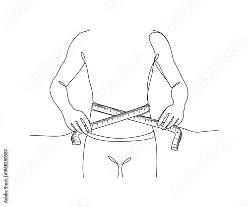 Physical Assessment. Minimalistic one-line drawing person with measuring tape around waist, continuous single black line on white background, simple outline