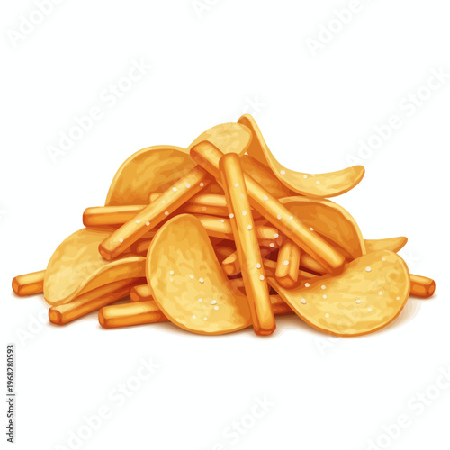 A delightful and crunchy assortment of salty potato chips and crispy pretzel sticks piled high, perfect for a satisfying snack or party treat