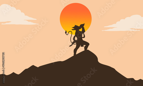 Lord Hanuman silhouette standing on mountain peak with glowing sun and clouds, serene spiritual Hanuman Jayanti vector landscape in warm devotional tone