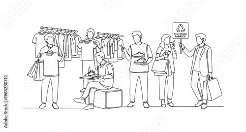 Conscious Wardrobe. Minimalistic one-line drawing people shopping for sustainable clothing, continuous single black line on white background, simple outline
