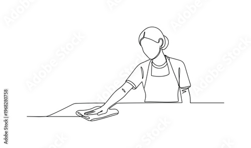 Post-Dinner Cleanup. Minimalistic one-line drawing person wiping table after meal, continuous single black line on white background, simple outline style, no