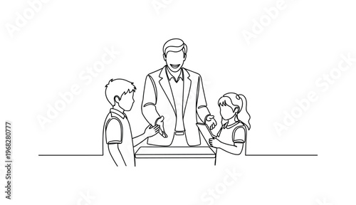 Equal Opportunities. Minimalistic one-line drawing teacher helping students equally, continuous single black line on white background, simple outline style, no