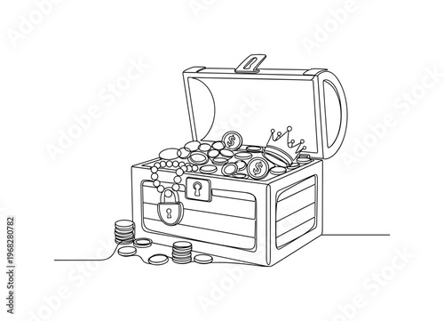 Treasure Chest. Minimalistic one-line drawing wooden chest with lock and valuables inside, continuous single black line on white background, simple outline