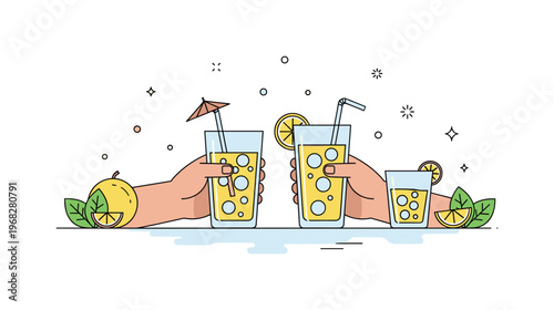 Drinking cold lemonade picnic concept where friends share glasses of lemonade outdoors while tiny sparkle and leaf icons highlight social fun, refreshment, and