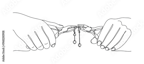 Earring Crafting. Minimalistic one-line drawing hands using pliers to shape wire and attach beads, continuous single black line on white background, simple
