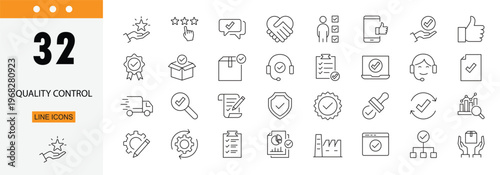Quality control icons set representing inspection, standards, testing, assurance, compliance, checklist, verification, audit, performance and product quality management . Editable Stroke.