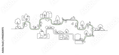 Urban Greenway. Minimalistic one-line drawing continuous line of greenery with small animals traveling between parks, continuous single black line on white
