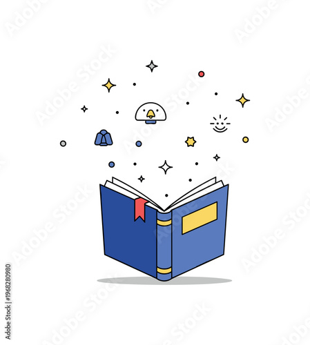 Reading a bedtime story enchanted book concept where a book emits soft magical light while tiny sparkle and star icons highlight imagination, fantasy, and