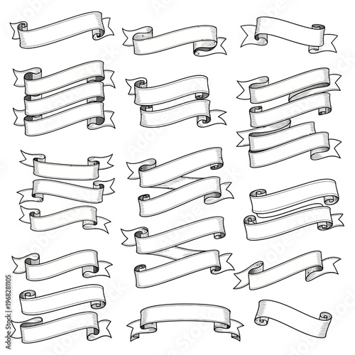 A collection of various ribbon and banner templates featuring different curves, folds, and tail styles, designed as versatile containers for text, headings, or celebratory titles in digital and print 