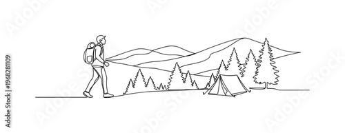 Outdoor Adventure. Minimalistic one-line drawing individual hiking toward camping area with trees and hills, continuous single black line on white background,