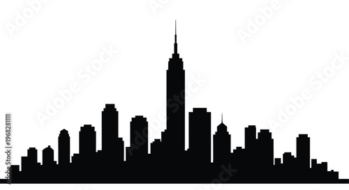 A stark black silhouette depicts a city skyline prominently featuring the empire state building high quality