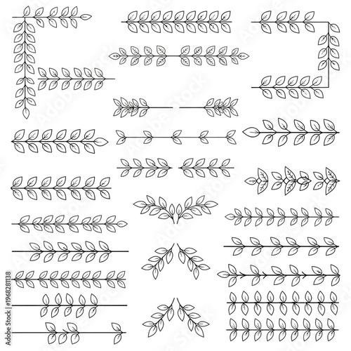 An elegant set of horizontal dividers and borders made from delicate leaf motifs, vines, and floral stems, providing a sophisticated and natural way to separate sections in documents or invitations.
