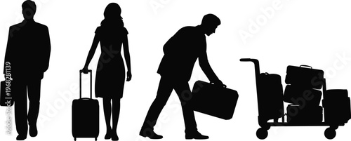 A diverse collection of traveler silhouettes featuring men and women with rolling suitcases bags and a heavy luggage trolley representing airport transit global tourism.