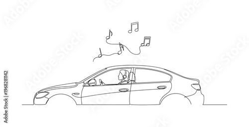 Travel Playlist. Minimalistic one-line drawing person in car listening to music with notes floating, continuous single black line on white background, simple