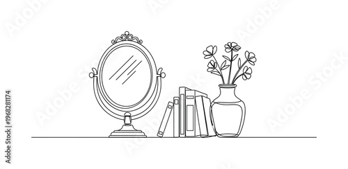 Nostalgia Vignette. Minimalistic one-line drawing vintage mirror, books, and flowers on shelf, continuous single black line on white background, simple outline
