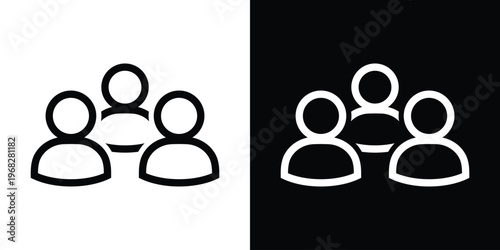 Minimalist vector icon of a community or group. Features three stylized human silhouettes in a balanced arrangement, representing teamwork, social networking, and collective leadership.