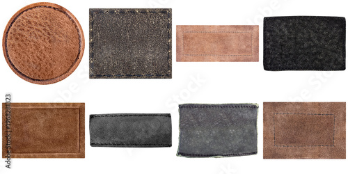 Billede på lærred Collection of diverse genuine leather labels and patches in various earthy tones and textures, featuring stitched edges