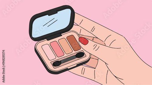Palette of Beauty: A close-up shot captures a hand delicately holding a makeup palette, filled with an array of eyeshadows and applicators. A soft pink backdrop enhances the visual.