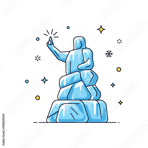 Sculpture ice sculpture concept where a frozen figure glimmers in light while tiny sparkle and star icons highlight creativity, seasonality, and visual