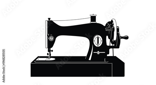 A vintage black and white illustration of a classic sewing machine on a dark base