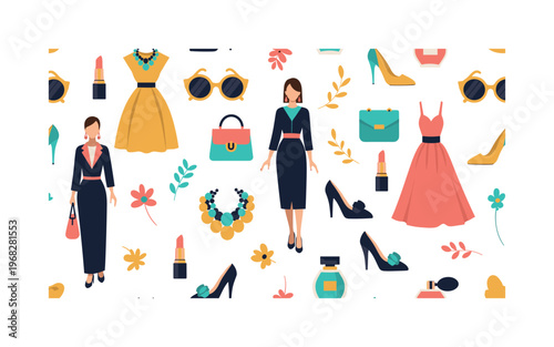 fashion campaign icons seamless pattern, repeating pattern, surface design, textile print, modern illustration of models, high-fashion outfits, statement