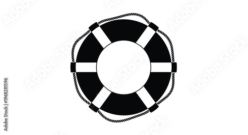 A simplistic black and white illustration of a life preserver or rescue buoy centrally positioned