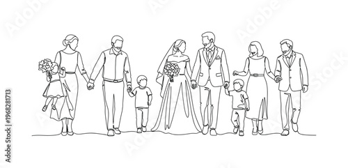 Wedding Interaction. Minimalistic one-line drawing adults and children celebrating together at family wedding, continuous single black line on white