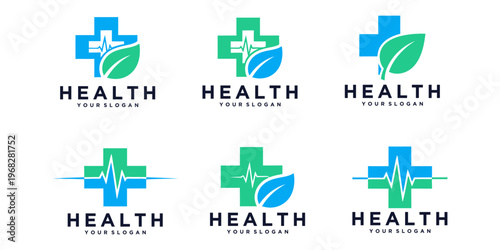 Modern healthcare logo collection featuring medical cross, heartbeat line, and leaf elements symbolizing wellness and natural health.