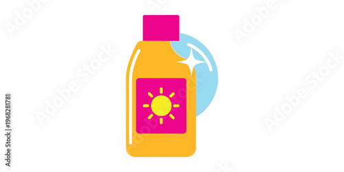 sunscreen bottle with sun protection vector illustration, flat design summer skincare icon