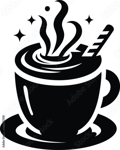 Hot chocolate cup with steam and wafer stick simple black and white vector illustration for cafe menus and winter drink concepts