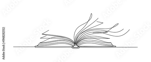 Book and Narrative. Minimalistic one-line drawing open book with flowing abstract story lines, continuous single black line on white background, simple outline
