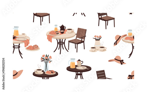 morning patio breakfast seamless pattern, repeating pattern, surface design, textile print, modern illustration of coffee cups, pastries, flowers, garden