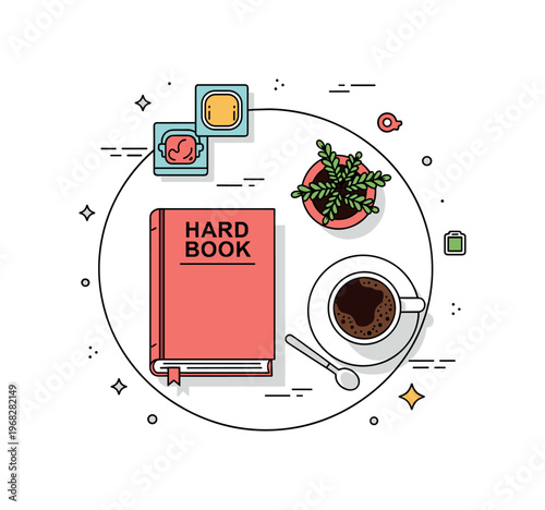 Hardcover book coffee table book concept where a large, visually appealing hardcover is displayed with decorative objects while tiny sparkle and star icons