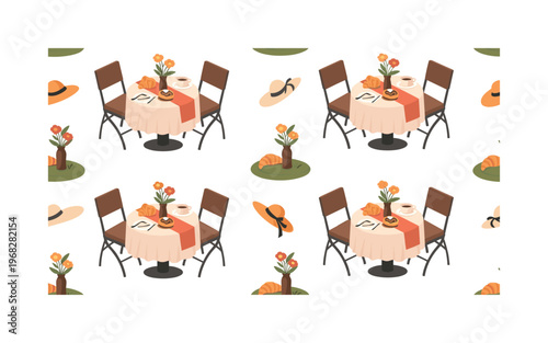 veranda dining motifs seamless pattern, repeating pattern, surface design, textile print, modern illustration of breakfast tables, coffee cups, pastries,