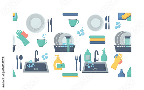 washing dishes seamless pattern, repeating pattern, surface design, textile print, modern illustration of plates, cups, utensils, sinks, soap bottles, bubbles