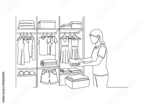 Tidying Summer Wardrobe. Minimalistic one-line drawing individual organizing clothes by folding and placing in storage, continuous single black line on white