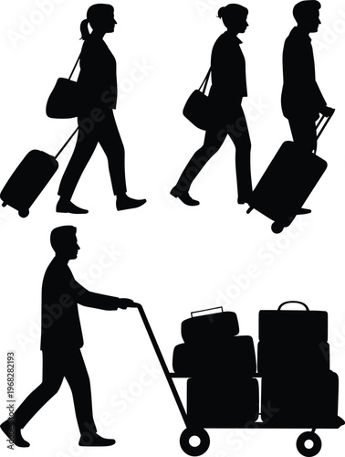 A collection of traveler silhouettes featuring people carrying luggage bags and pushing a heavy suitcase trolley representing airport travel tourism vacation and global transit.