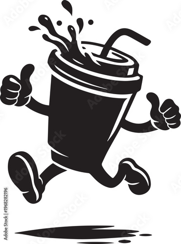 3D Cartoon Coffee Cup Mascot Character Splashing Drink with Thumbs Up, Fun Beverage Illustration.