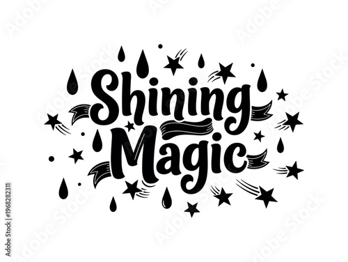 Shining Magic. lettering and all elements in black. Vector style. AWhite background. Pure white background. Perfect isolation and visual consistency. Bold