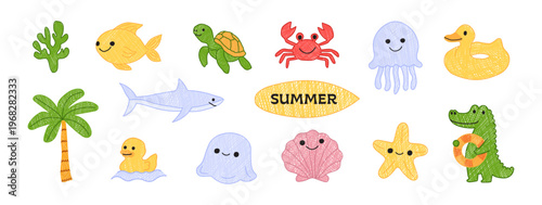 Playful summer beach icon set in a naive, hand-drawn style—palm tree, crab, fish, dolphin, shark, turtle, starfish,coral, surfboard,rubber ducks, gator with a float; fun,childish marine illustrations