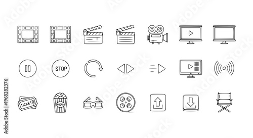Minimal Cinema Outline Icons with Film Camera Clapperboard Movie Vector