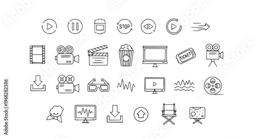 Premium Cinema Icon Set with Film Camera Clapperboard Projector Streaming Vector