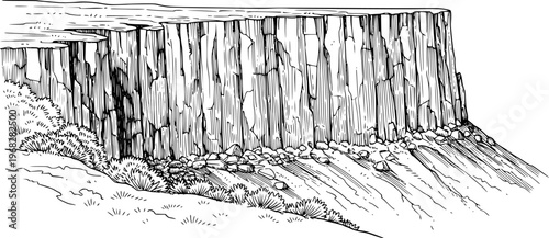 Dramatic Cliff Face with Columnar Basalt and Rocky Base in Black and White Line geology