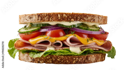 Obraz na płótnie Hearty whole wheat sandwich stacked high with lettuce tomato red onion cheddar p