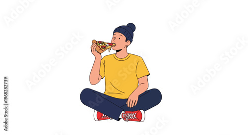 Young person enjoying a delicious slice of pizza while sitting cross-legged in a relaxed pose against a white backdrop with a minimalist design