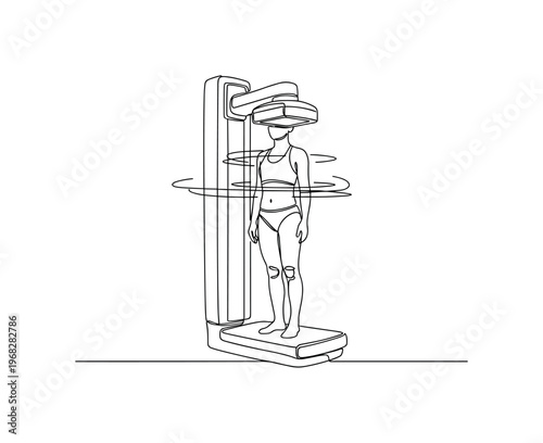 Health Evaluation. Minimalistic one-line drawing individual being scanned by body composition analyzer, continuous single black line on white background,
