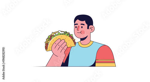 Vibrant flat illustration of a cheerful person joyfully holding a delicious and fully loaded taco, ready for a satisfying meal