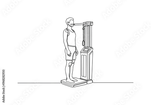 Fitness Assessment. Minimalistic one-line drawing person standing with body composition measuring device, continuous single black line on white background,