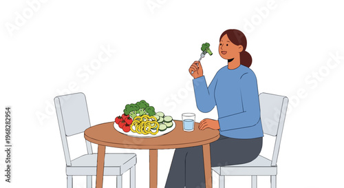 A woman enjoys a healthy plate of fresh vegetables and broccoli on a fork while sitting at a table