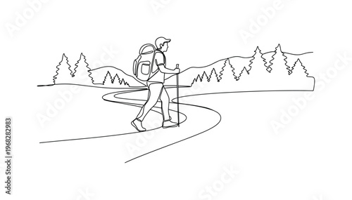 Summer Trail Adventure. Minimalistic one-line drawing hiker moving along nature path with backpack and walking stick, continuous single black line on white